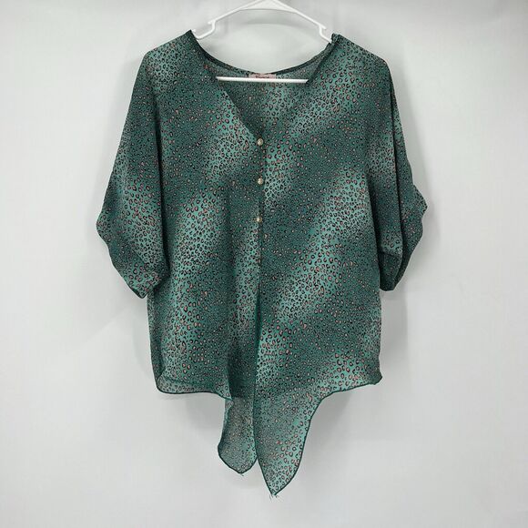 Vivace L Animal Print Green Semi Sheer Button Cropped Tie Blouse Demure Classy - Picture 1 of 11
